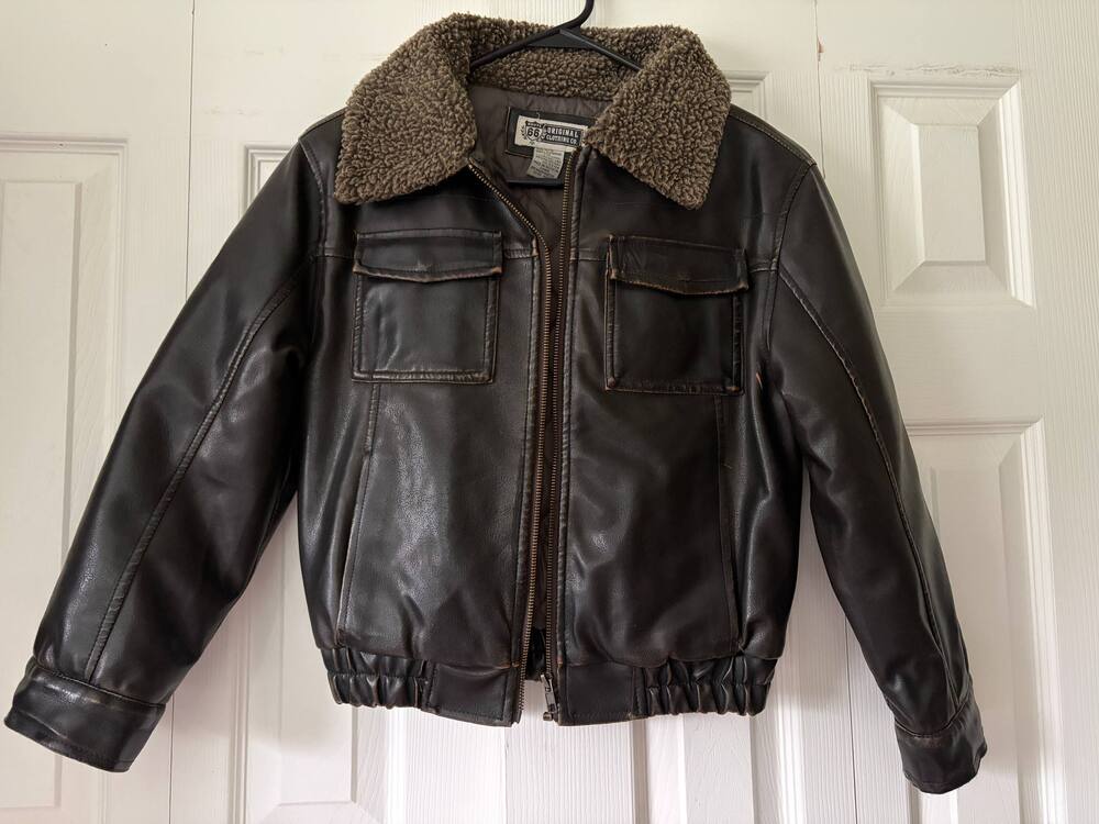 Kids Faux Leather Bomber Jacket with Shearling Collar / Pilot jacket size 10-12